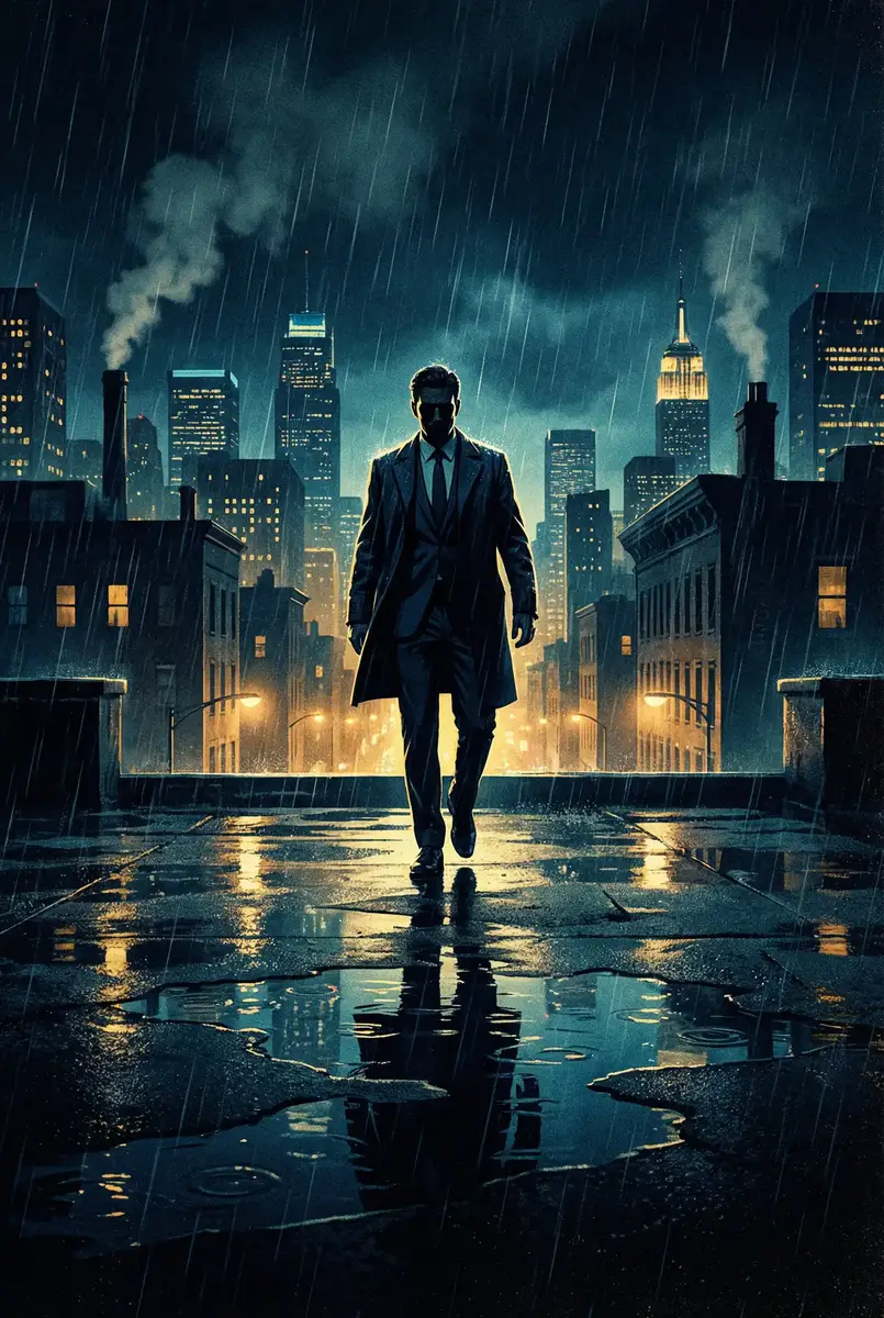 罗永浩 骗子 出品影片《雨夜独行者》海报，雨中城市屋顶男性剪影